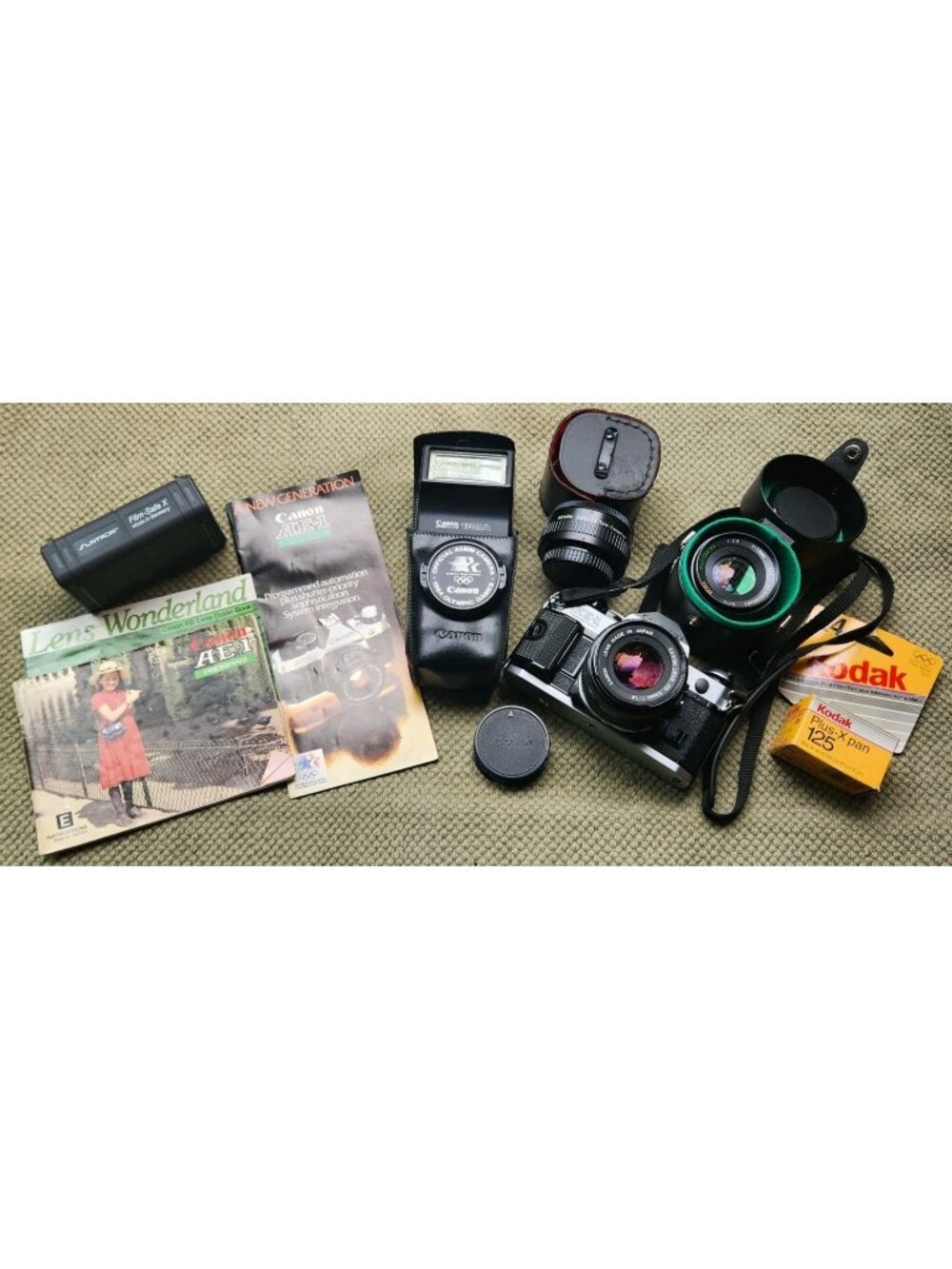Canon AE-1 Program Film Camera 50mm f/1.8 Lens 188A Flash Sears 28 mm Bundle Lot